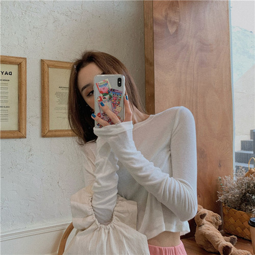 春夏白色短款修身长袖上衣女
