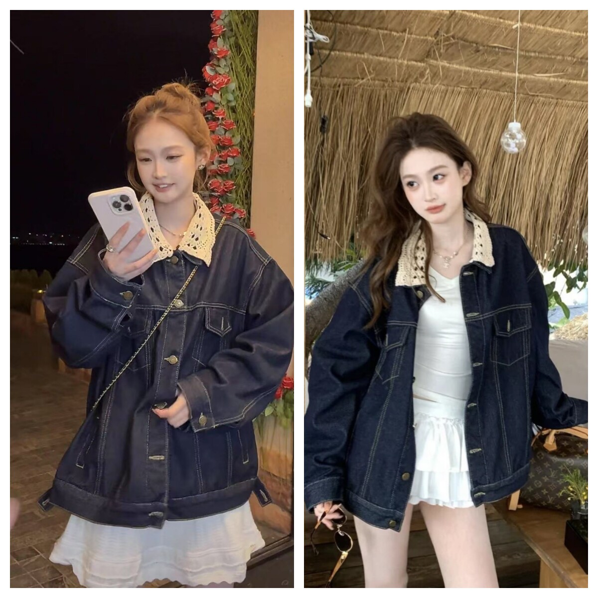 蓝色牛仔外套女蕾丝领子拼接2025年新款宽松气质翻领夹克甜酷上衣