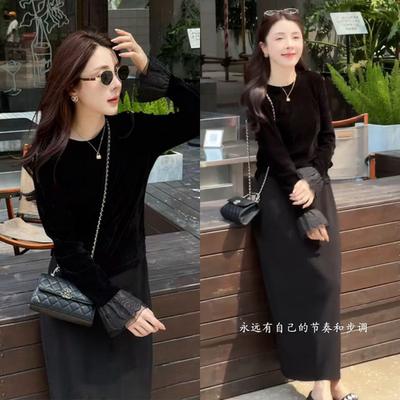 丝绒蕾丝打底上衣2025新款