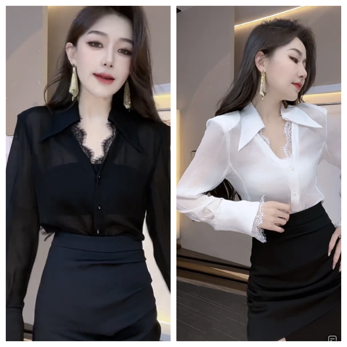 法式蕾丝边V领长袖薄款雪纺衬衫女2024春夏新款微透设计感上衣ins