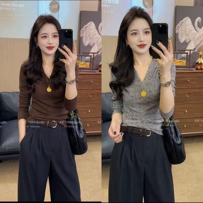 巨好看2025早秋新款V领修身气质弹力上衣T恤+高腰显瘦阔腿裤套装