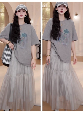 设计感花灰色卡通圆领短袖t恤女2025夏季新款时尚宽松慵懒上衣薄