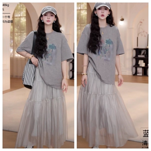 设计感花灰色卡通圆领短袖t恤女2025夏季新款时尚宽松慵懒上衣薄