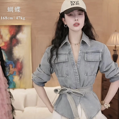 白鹿语港风牛仔外套女系腰带可卸2025早春新款时尚宽松复古上衣潮