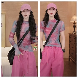 网纱微透晕染防晒罩衫女2025夏季新款显瘦木耳边印花速干百搭上衣