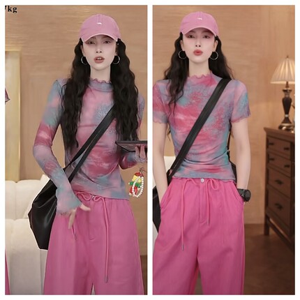 网纱微透晕染防晒罩衫女2025夏季新款显瘦木耳边印花速干百搭上衣