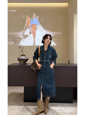 蓝色牛仔连衣裙前开叉2025新款