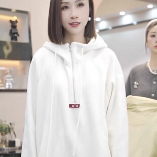 熙薇加绒加厚连帽卫衣女冬季2024新款时尚休闲半拉链前短后长上衣