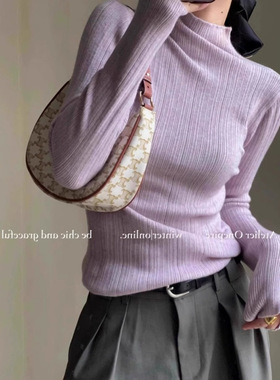 减龄紫色半高领针织打底衫女2025新款春秋冬内搭毛衣修身显瘦上衣