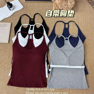 新款 纯欲风挂脖遮副乳吊带背心女带胸垫夏季 螺纹内搭外穿美背上衣