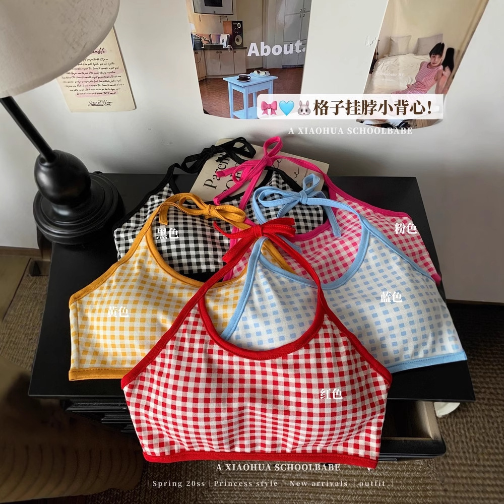 辣妹风格子系带挂脖抹胸上衣女夏季性感小心机内搭带胸垫修身背心