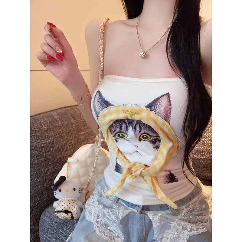 2025新款甜辣风猫咪印花抹胸背心女装夏季短款显瘦带胸垫内搭上衣
