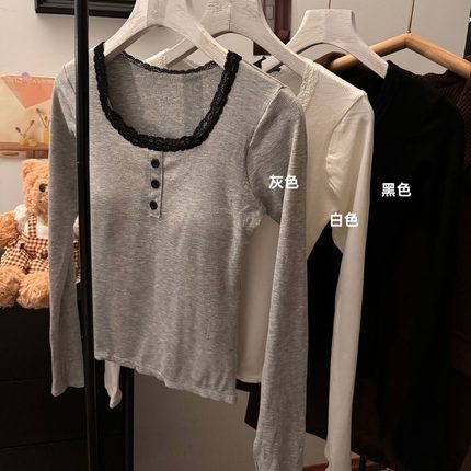 带胸垫蕾丝花边针织打底衫加绒加厚保暖内衣女上衣bm风