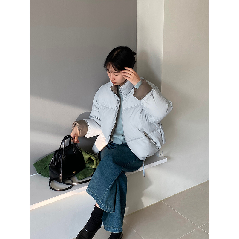 江左保暖立领拼色羽绒服女2024