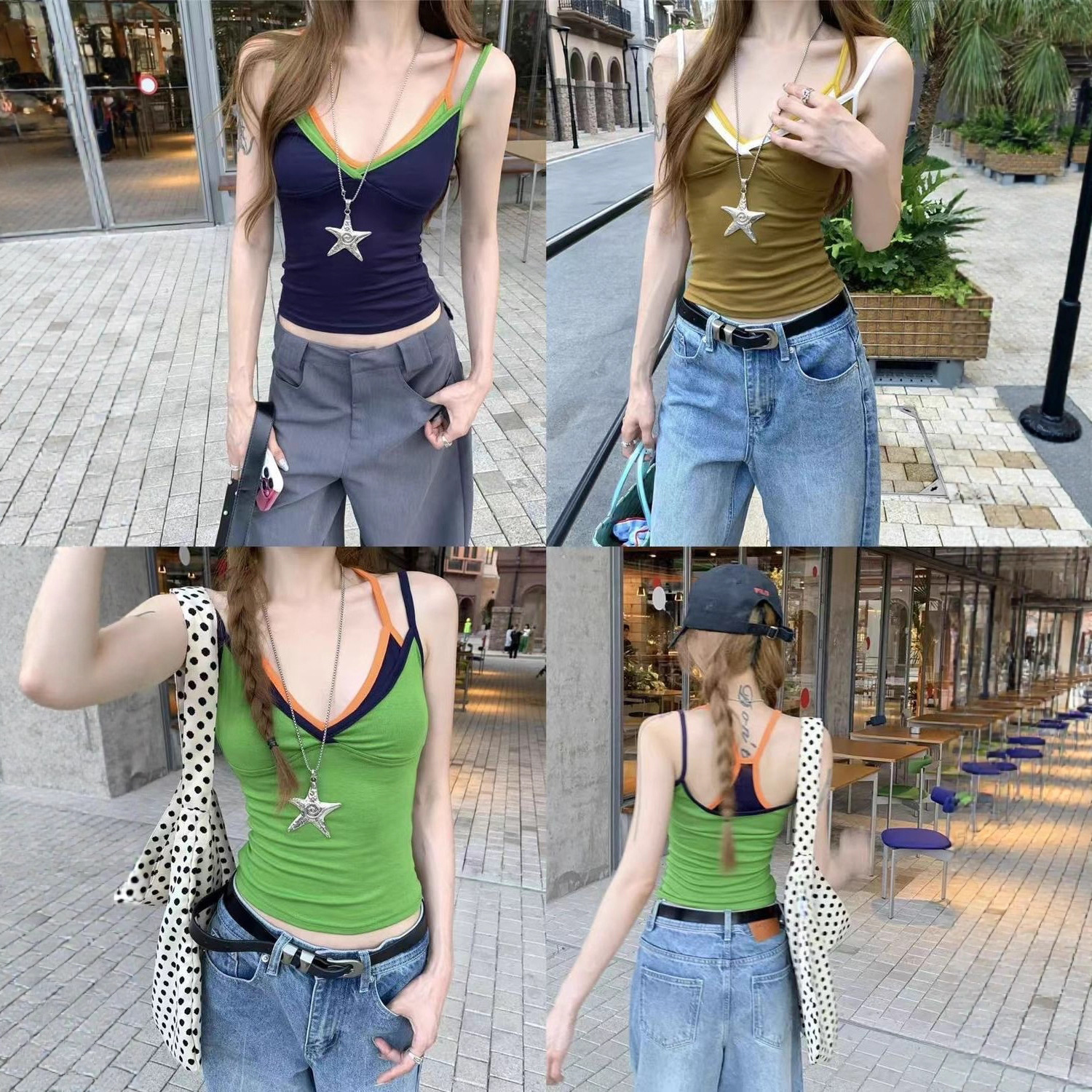 纯欲撞色假两件吊带背心女带胸垫