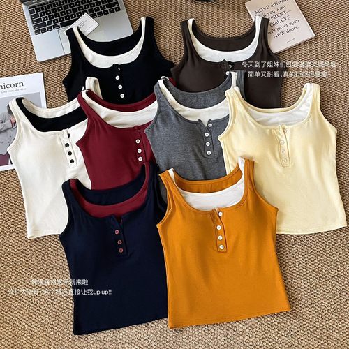 秋冬纽扣保暖背心撞色磨毛假两件