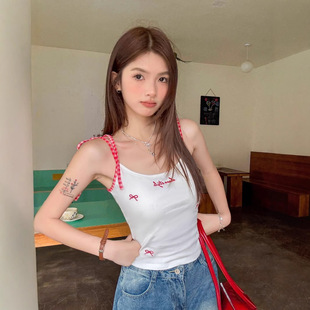 韩系白色吊带背心女夏季 蝴蝶结上衣 新款 甜辣妹多巴胺撞色性感法式