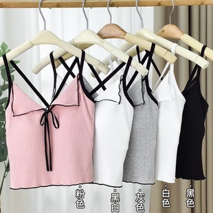 显瘦短款 设计感撞色翻领蝴蝶结针织小吊带女带胸垫修身 背心上衣