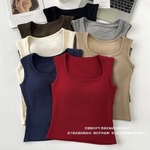 秋冬新款方领磨毛宽肩无袖背心内搭带胸垫百搭修身显瘦打底上衣女