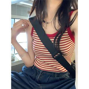 夏季辣妹性格美背上衣红色条纹小众复古针织打底外穿学院吊带背心