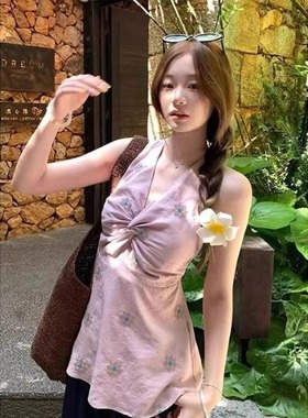 韩式紫色扭结吊带背心女夏季新款碎花甜辣妹气质百搭减龄挂脖上衣