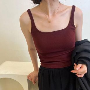 秋冬磨毛螺纹小方领红色背心吊带内衣女自带胸垫内搭一体杯打底衫