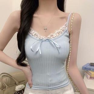 女夏季 纯欲蝴蝶结花边拼接吊带背心内搭打底衫 甜美减龄带胸垫上衣