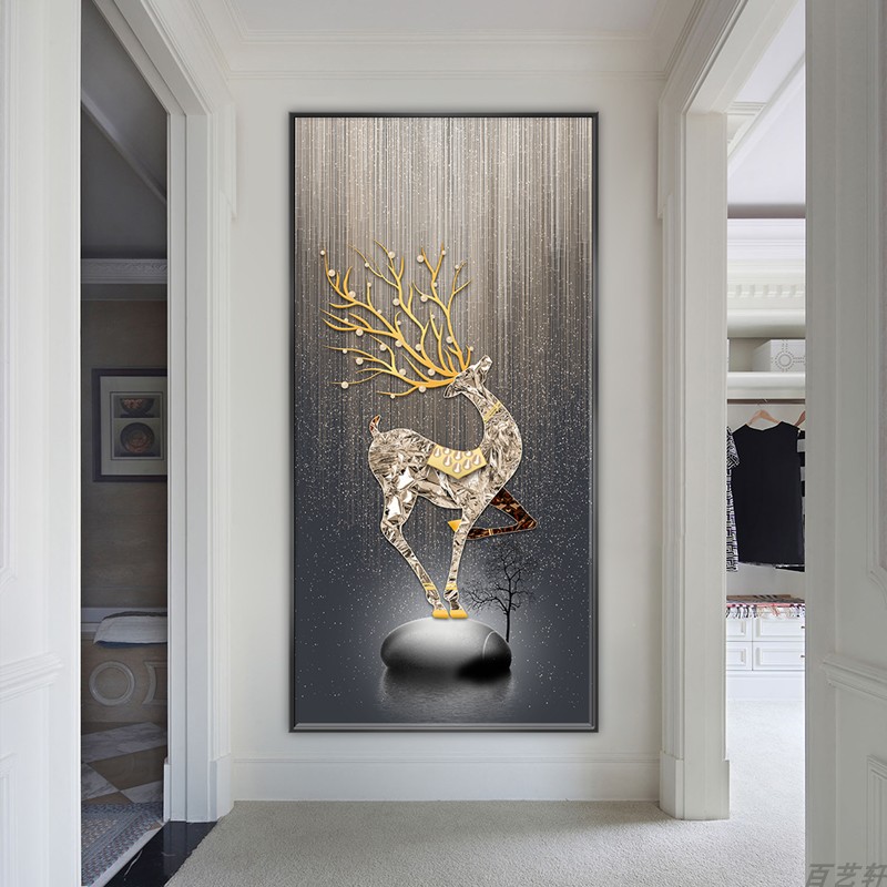 入户玄关自粘装饰画现代走廊过道贴画北欧麋鹿防水防潮背景墙壁画图片