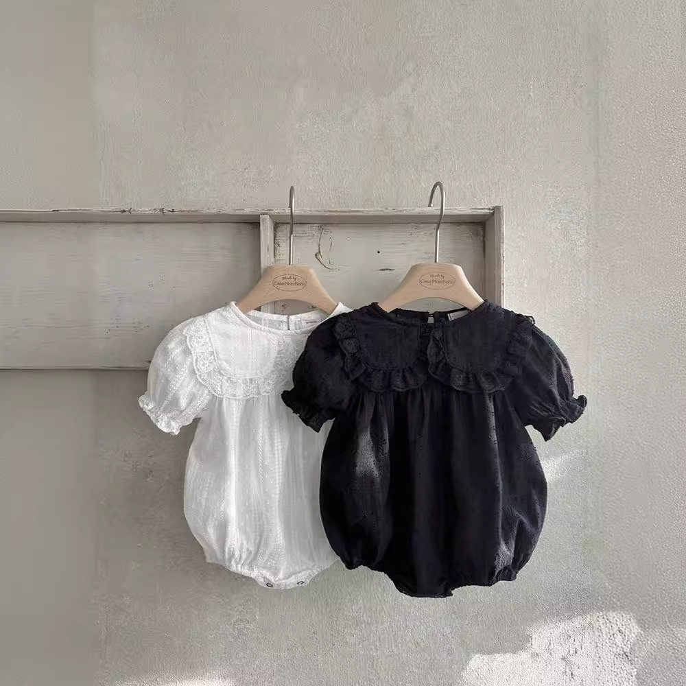 韩版婴儿花边翻领公主短袖爬服女宝宝洋气连体衣夏季百天周岁礼服