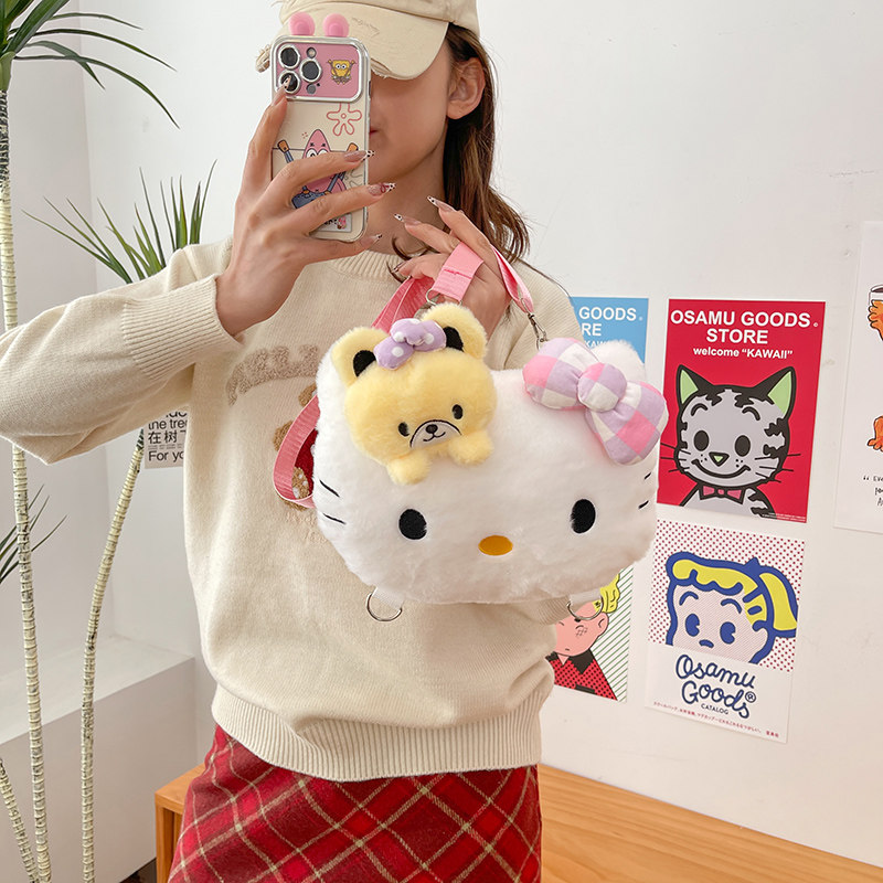 卡通小猫ins可爱少女双肩包毛绒绒休闲学生单肩包女童外出斜挎包