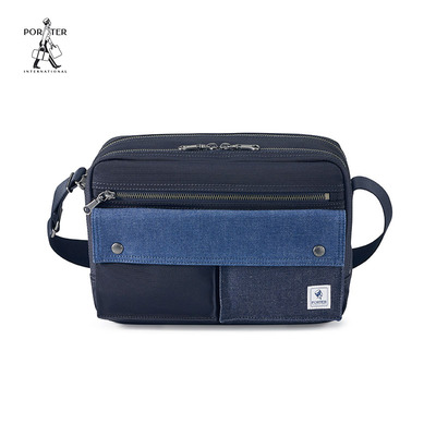 牛仔拼接双拉链斜挎包