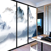 玻璃贴纸贴膜透光不透明隔断中式 中国风山水画办公室磨砂膜推拉门