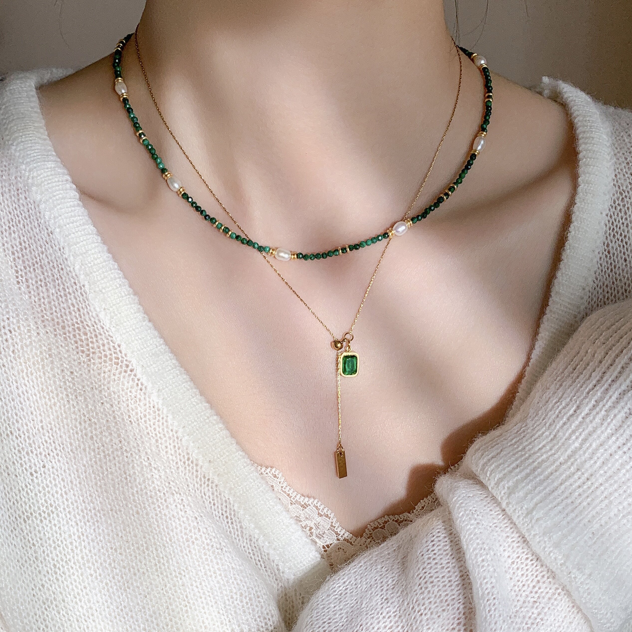 3fantasts天然珍珠孔雀石项链女新款锁骨链颈链轻奢高亮锆石小众