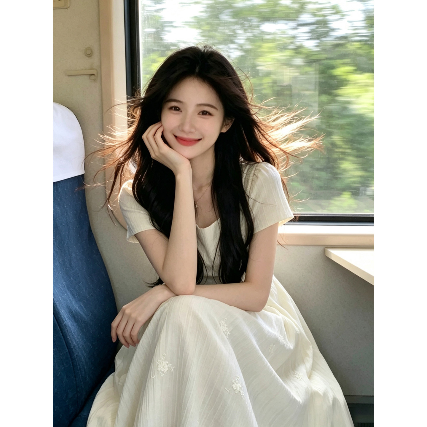 法式白色方领洋装女夏202