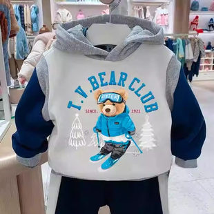 chris童装 男童加绒拼接连帽卫衣儿童休闲百搭加厚外套 25秋冬新款