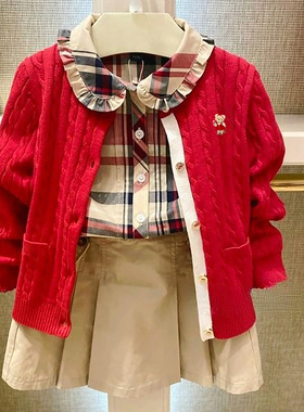 chris童装25春秋新款女童红色全棉针织衫开衫中大童女孩毛衣外套