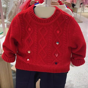 中大童装 男童装 洋气红色圆领提花针织毛衣 2025秋冬款 chris童装