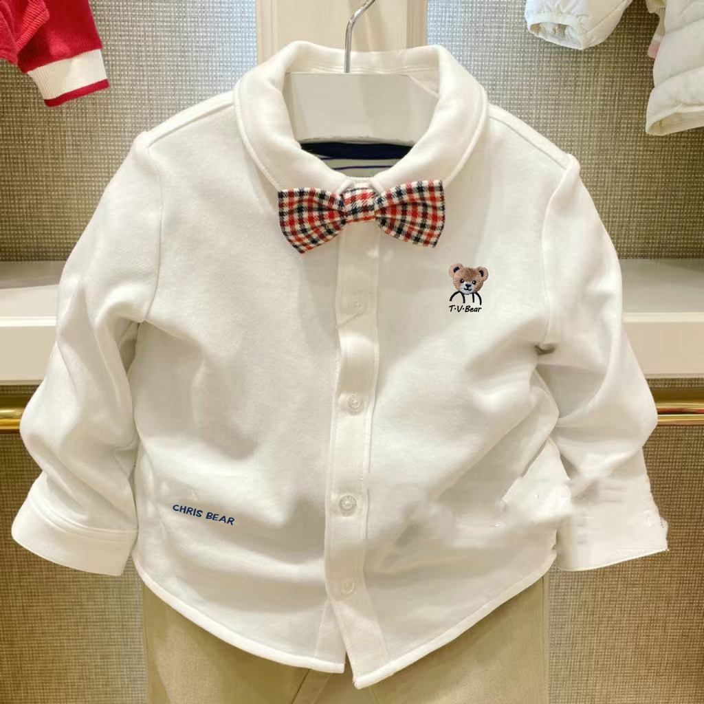 chris童装25春秋新款男宝宝棉长袖衬衫白色领结衬衣儿童婴童衬衫