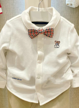 chris童装25春秋新款男宝宝棉长袖衬衫白色领结衬衣儿童婴童衬衫