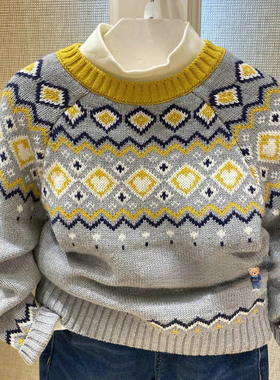 chris童装25秋冬款男童棉提花粗针百搭套头针织衫中大童休闲毛衣