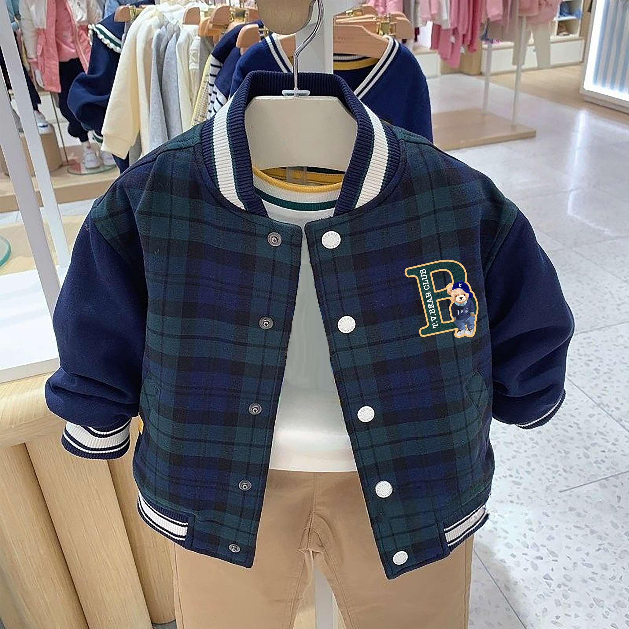 chris童装2025春秋新款男童装休闲格子棒球服夹克外套