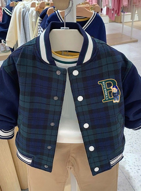 chris童装2026春秋新款男童装休闲格子棒球服夹克外套