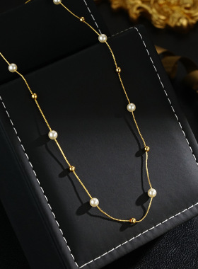天然小米粒珍珠项链18k金法式