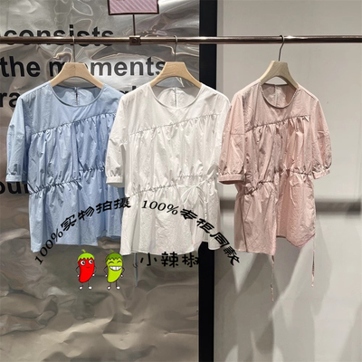 播女2025夏季新款圆领短袖收腰衬衫上衣BDS2HD2478季月无序