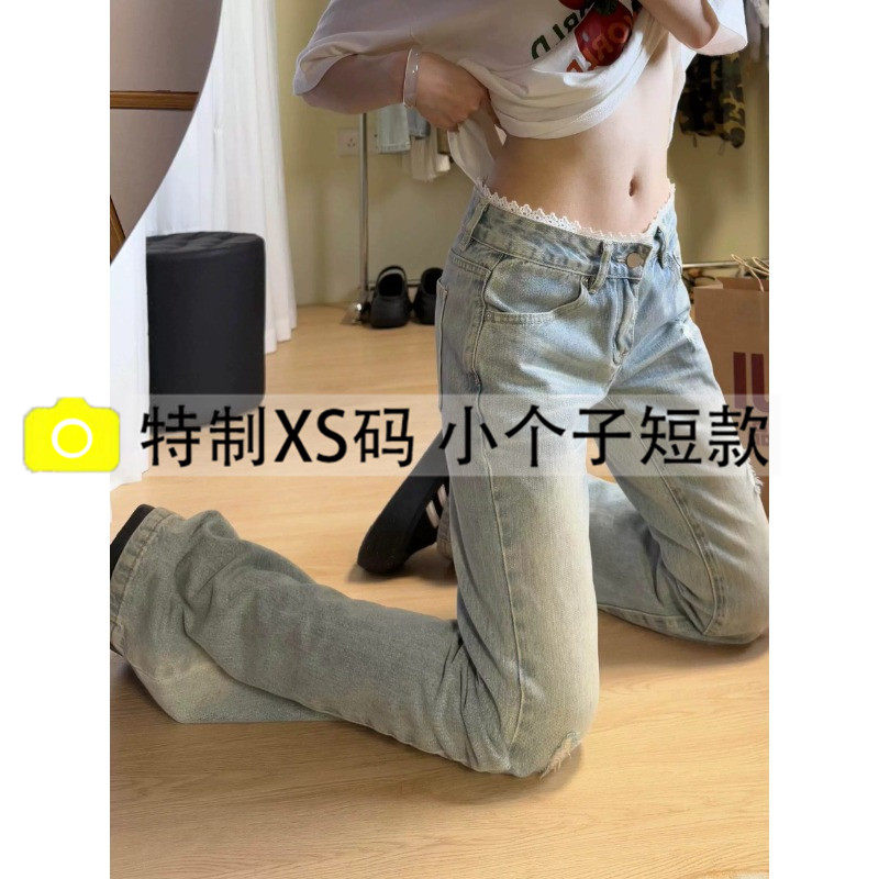 复古蓝蕾丝腰边低腰微喇叭牛仔裤女秋季新款弹力显瘦小个子马蹄裤