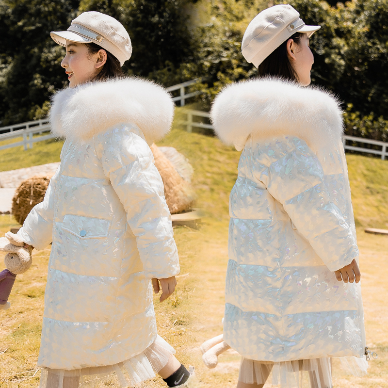 女童羽绒服中长款韩版洋气中大童2025新款女孩亮片加厚学生外套冬