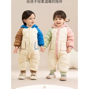 新拉比拼色婴儿羽绒服男女宝宝冬季连体衣保暖外出服巴拉呗柚哈衣