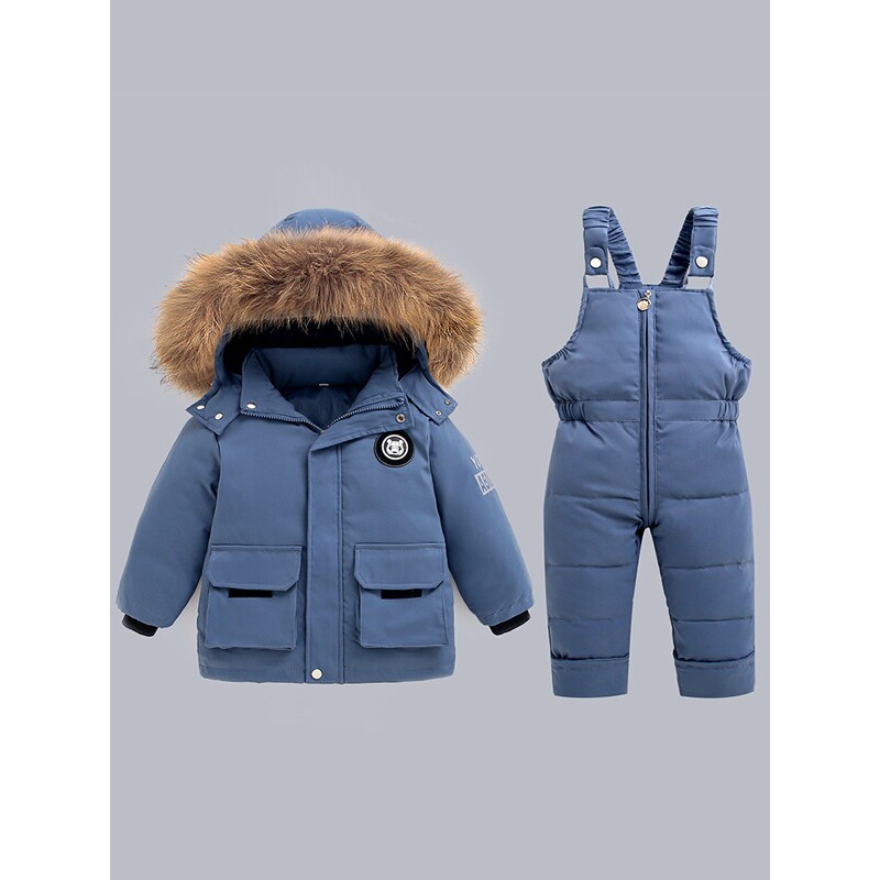 新婴幼儿冬季绒丝服套装宝宝背带裤加厚羽丝服冬装两件套1-5岁童