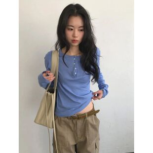 韩国东大门baby酱日常棉质舒适半开领系扣T恤 新款 3.20 2026春季