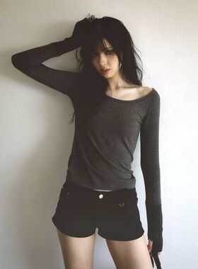 现 2026春季新款韩国设计师bad*lue休闲拼色露肩套指长袖T恤